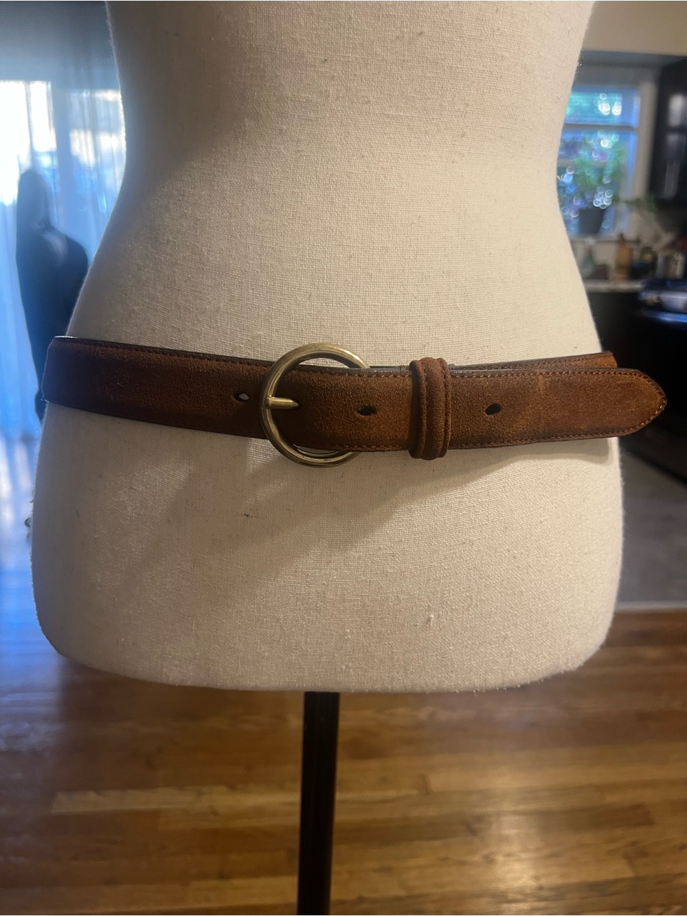 Women's Brown Suede Belt with Round Brass Buckle - Picture 1 of 10